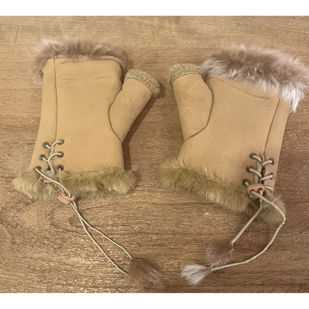 Suede Lace Up Fingerless Gloves Leather Wool Fur Trim Mid-Cuff Tassels Tan OSFM